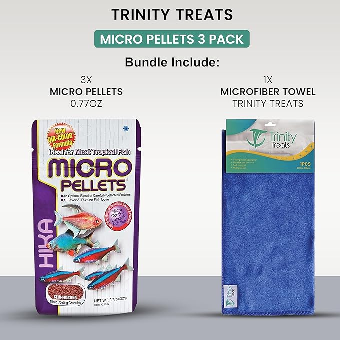 Micro Pallets Fish Food 0.77 oz (Pack of 3) Including Trinity Treats Microfiber Cleaning Cloth(Micro Pallets Fish Food)