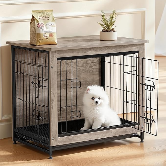 Feandrea 27.2" Dog Crate Furniture, Indoor Dog Cage Side End Table, M Pet Wood Kennel for Medium and Small Dogs up to 30 lb with Multi-Purpose Removable Tray, Double-Door Pet House, Greige