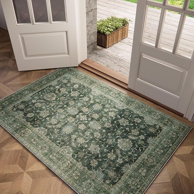 Washable 3x5 Entryway Rug Indoor, Boho Non-Slip Silicone Backing Small Rugs for Kitchen Nursery Office Bedroom, 0.3" Neutral Oriental Throw Carpet with 0.16" Cushioning Pad, Sage Green/Multi