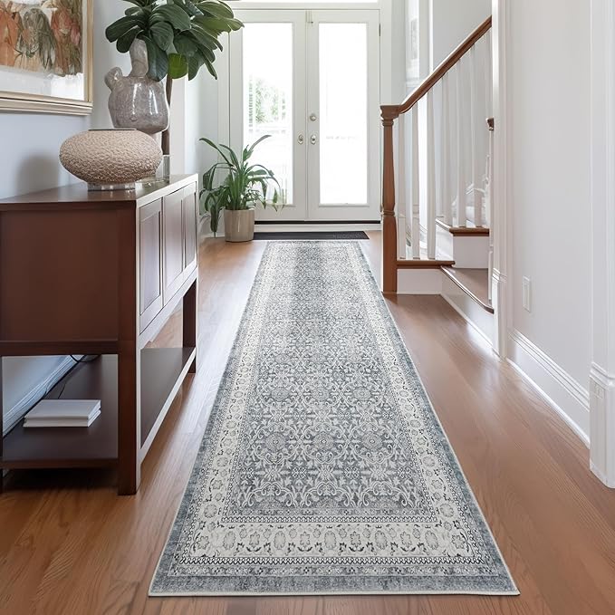 jinchan Hallway Runner Rug 3x7 - Machine Washable Grey Vintage Floral Distressed Design Soft Non-Slip Low-Pile Ultra-Thin Runner Rug for Kitchen Laundry Room Bedroom Farmhouse (3‘x8',Grey)