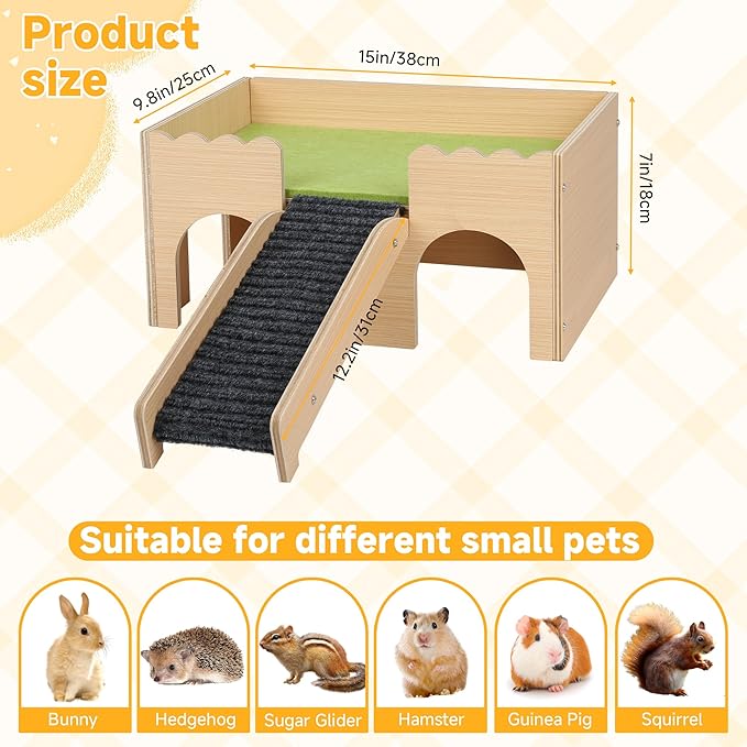 Wooden Guinea Pig Hideout Castle with Stairs,Small Animal Bed Hut Habitats Spacious 2-Level Detachable Small Pet House for Rabbits, Hamsters & Chinchillas Bunny (Green)