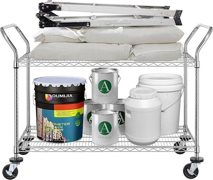 Finnhomy 2-Tier Commercial Grade Rolling Cart, Heavy Duty Utility Cart, Carts with Wheels and Handles, Kitchen Cart on Wheels, Metal Serving Cart with 700 lbs Capacity, Shelf Size 24" D x 48" W, NSF