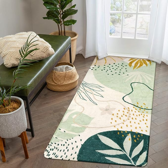 Lahome Washable Hallway Runner Rug - 2x4 Rugs for Bedroom Non-Slip Low-Pile Soft Bath Runner Rug Laundry Room Area Rug Botanical Print Throw Green Kitchen Mat Carpet Runner for Entrance Living Room