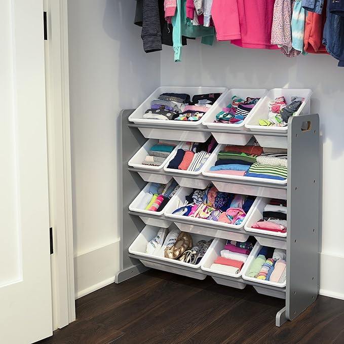Humble Crew Kids Toy Storage Organizer with 12 Plastic Bins, Grey/White – Removable Bins for Playroom, Bedroom, Toddler Furniture for Boys and Girls Ages