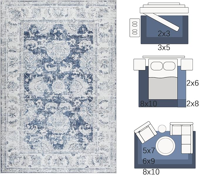 jinchan Washable Area Rug 8x10 for Living Room Soft Faux Wool Ultra-Thin Stain Resistant Non-Slip Distressed Vintage Floral Large Carpet for Bedroom,Dining Room,Home Office,Nursery(Dark Blue, 8'x10')
