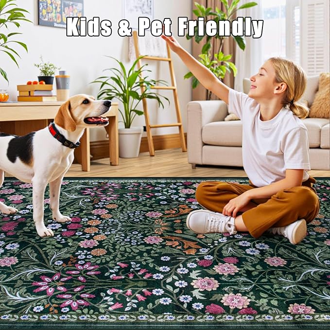 10x12 Area Rugs for Living Room: Floral Washable Rug Vintage Large Soft Boho Non-Slip Carpet Stain Resistant Low Pile Carpets for Bedroom Dining Room Farmhouse Nursery Hallway Home Office Dark Green