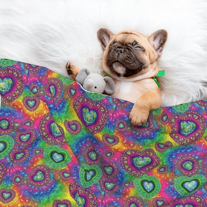 Double Sided Plush Pet Blanket with Cozy Dot Texture and Smooth Reverse, Tie Dye Psychedelic Purple Love Heart, Reversible Throw for Dogs Cats on Couches Beds Crates