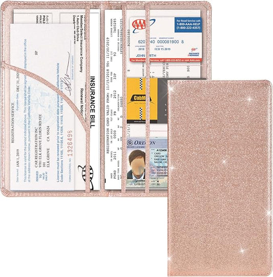 Cacturism Car Registration and Insurance Holder, Car Accessories Vehicle Glove Box Car Organizer Men Women Wallet Case with Magnetic Shut for Cards, Essential Document, Driver License, Bling Rose Gold