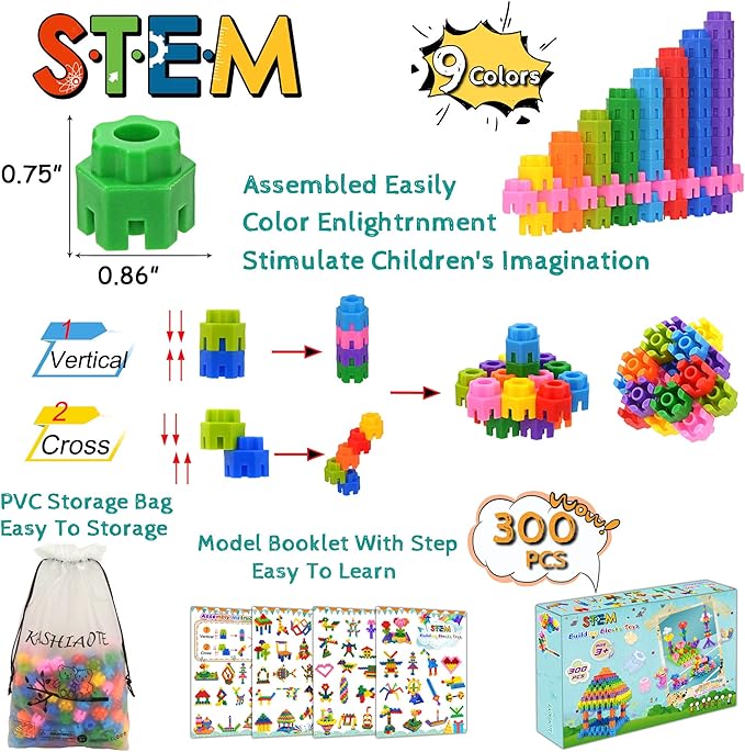 Kids Toys Interlocking Learning Set, STEM Construction Set - Ages 3+ STEM Toys 300 Pcs - 9 Colors