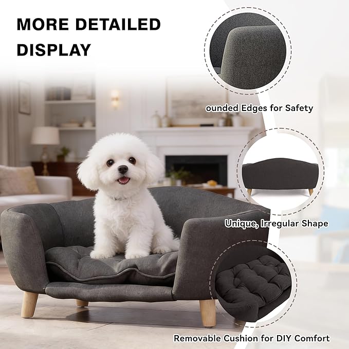 Dog Sofa Couch Bed for Small Dogs, Durable Fabric Rectangle Pet Sofa with Soft Cushion, Modern Elegant Elevated Mini Dog Couch Bed with Backrest and Armrests, Dark Gray