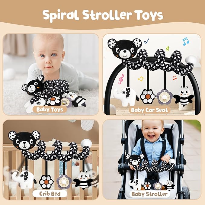 Car Seat Toys for Babies 0-6 Months,Hanging Rattle Toys for Crib Mobile, Baby Spiral Hanging Stroller Black and White High Contrast Toys for Newborn 0 3 6 9 12 Months Baby Boys Girls (Bear)