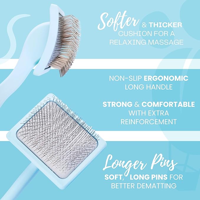 Pet Slicker Brush With Soft Massage Grooming Stainless Steel Pins - For Dematting, Shedding Fur, and Undercoat - Ideal Gift for Professional Pet Groomers - Long Slicker Brush