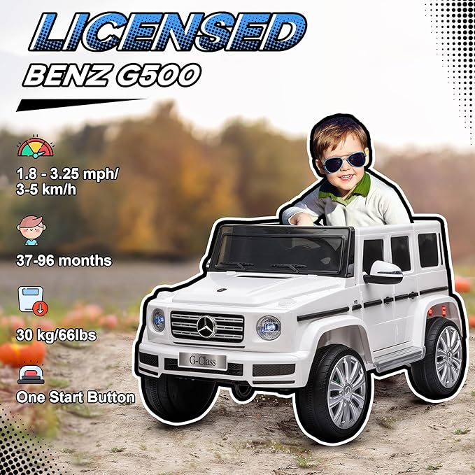 Aosom 12V Kids Electric Car, Mercedes Benz G500 Licensed Battery Powered Ride on Truck for Kids with Remote Control, Headlights, Music, Suspension & Storage for Boys and Girls, White