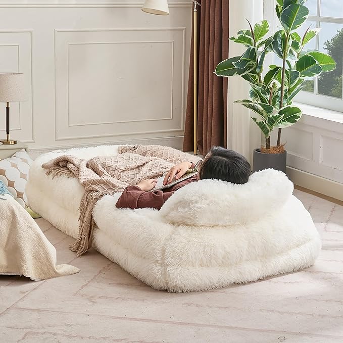 Beige Foldable Human Dog Bed - 69"x35"x12" Fits You & Pets with Comfy Pillow, Washable Faux Fur, Oversized Lounger Lazy Sofa Beds with 5 Adjustable Position
