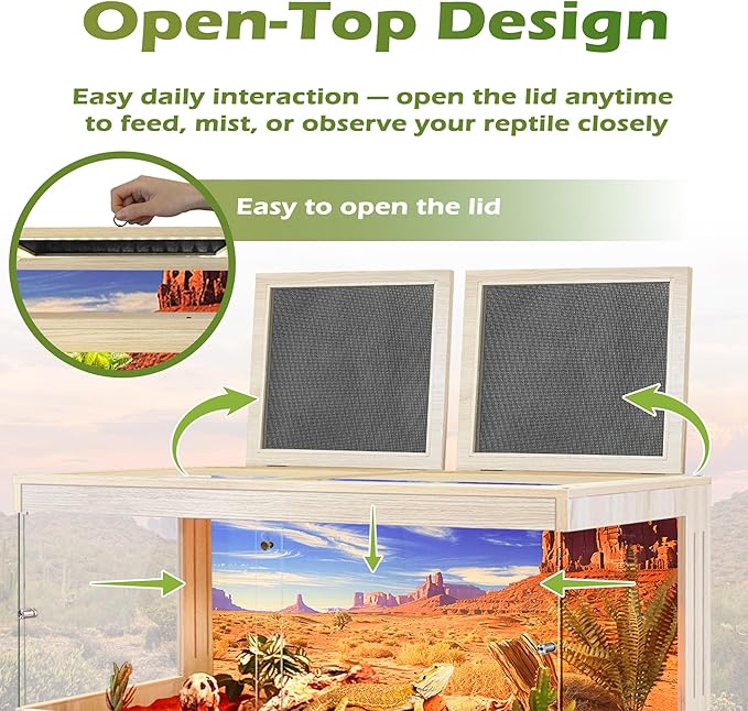 Royxen Bearded Dragon Tank, Tempered Glass Reptile Terrarium with Metal Mesh Top, 3-Side Clear Anti-Scratch Glass Lizard Tank for Reptile Habitat (Oak, 82 Gallons,48" Length)
