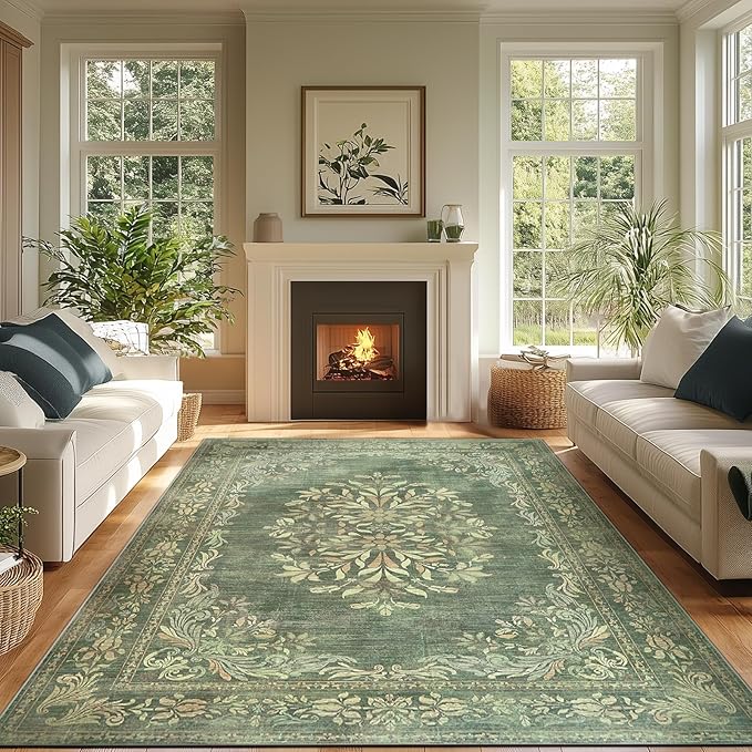 jinchan Green Floral 8x10 Area Rugs for Living Room - Machine Washable Vintage Distressed Design Soft Throw Rug Non-Slip Large Carpet for Bedroom Nursery Dining Room Home Office (8x10ft,Dark Green)