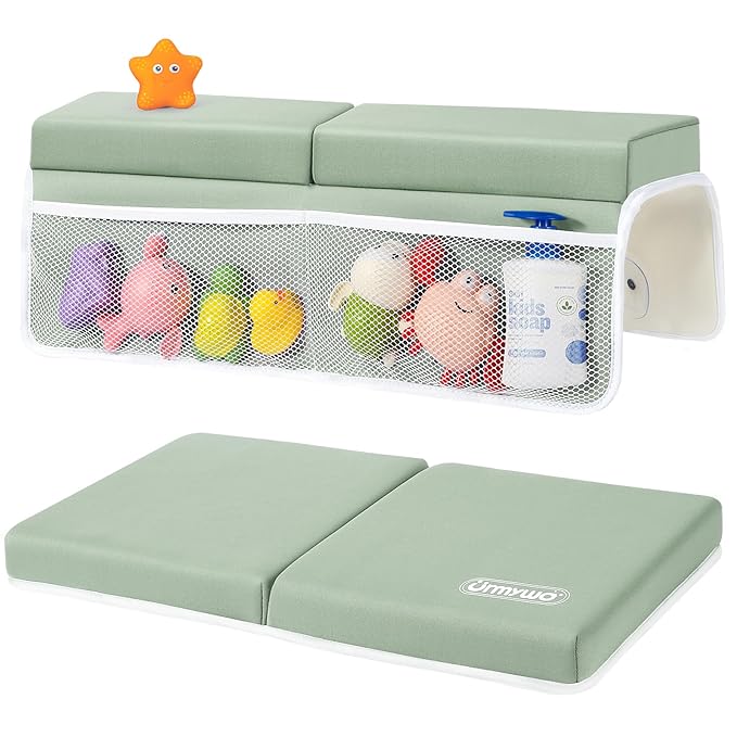 URMYWO Bath Kneeler and Elbow Rest Pad Set - 1.5" Thick Baby Bath Kneeler Pads with Toys Organizer, Anti-Slip Cozy Knee & Arm Support Bathtub Mat, Quick Dry Kneeling Pad for Baby Bath Time