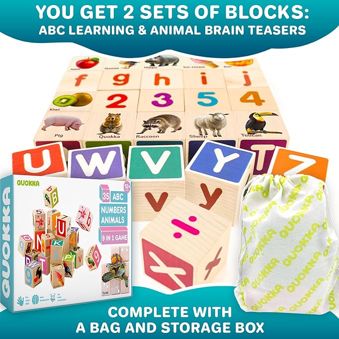 QUOKKA Montessori Wooden Blocks for Toddlers 1-3 - 35 Realistic ABC Learning Baby Blocks for Kids 3-5 Year Olds - Stacking Alphabet Wood Toys for 2-4 yo - Learn Letters Numbers