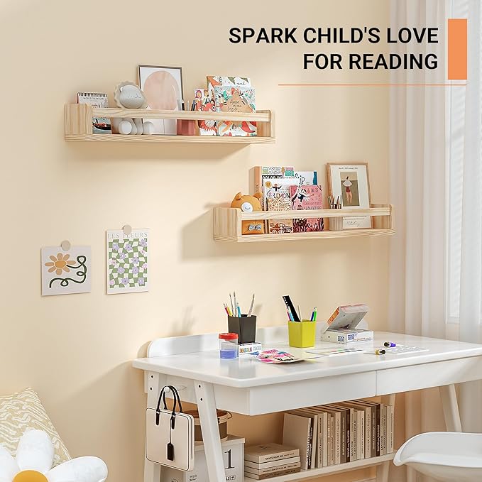 Heimlove Nursery Floating Shelves, Wood Nursery Book Shelves for Wall, 24 inch Wall Bookshelf for Kids Solid Wood for Books,Toys and Decor Storage, Set of 3