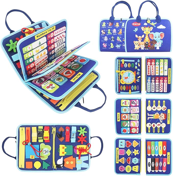 Montessori Busy Board - Ideal Busy Book Toddler Toys & Gifts for Boys & Girls, Toddler Travel Essential for Airplane & Car, Sensory Toys, Great for Baby Gifts for Boys