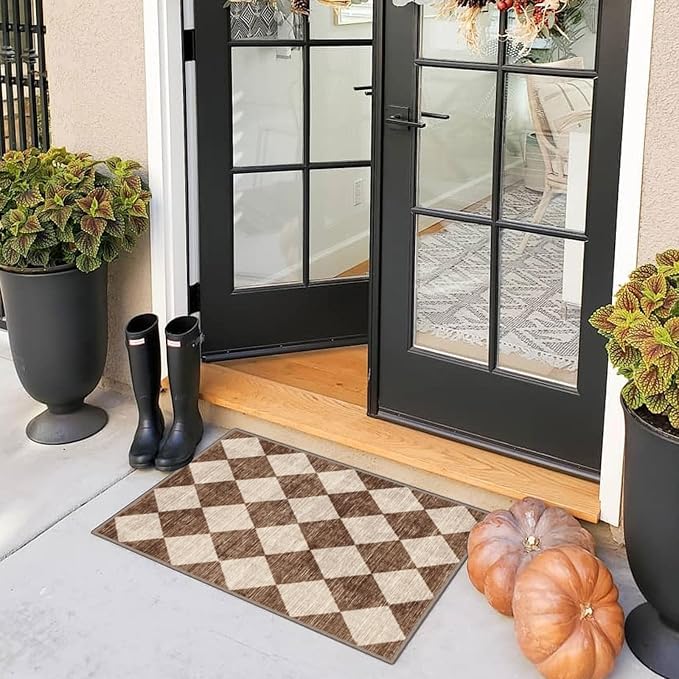 Front Door Rug - 2x3 Brown Beige Non-Slip Washable Doormat Indoor Outdoor Mat