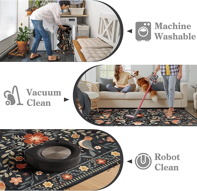 Moynesa Washable Round Rug 6ft, Ultra Thin Circle Living Room Area Rug Non Slip, Low Pile Soft Indoor Boho Bird 6'x6' Black Large Throw Carpet for Dining Room Under Table Office Bedroom