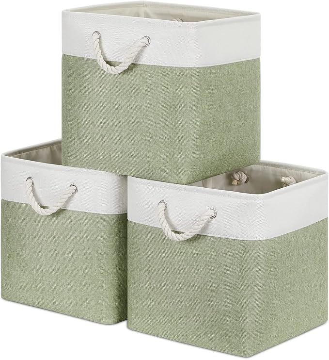 Bidtakay Cubby Storage Bins Set of 3 Fabric Baskets for Shelves Closet Drawer Organizer Storage Cubes 13x13 Collapsible Organization Baskets for Nursery Toy Shelf (White&green)