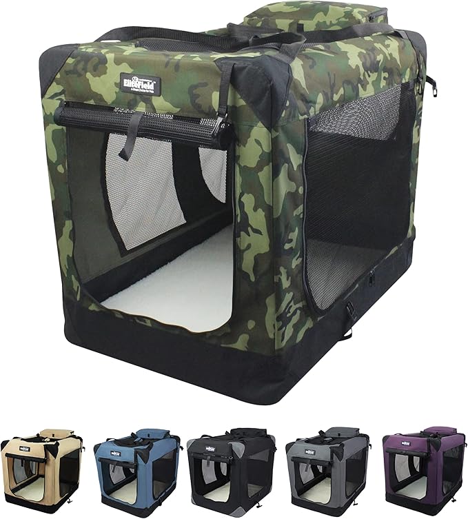 EliteField 3-Door Folding Soft Dog Crate with Carrying Bag and Fleece Bed (2 Year Warranty), Indoor & Outdoor Pet Home (36" L x 24" W x 28" H, Camo)