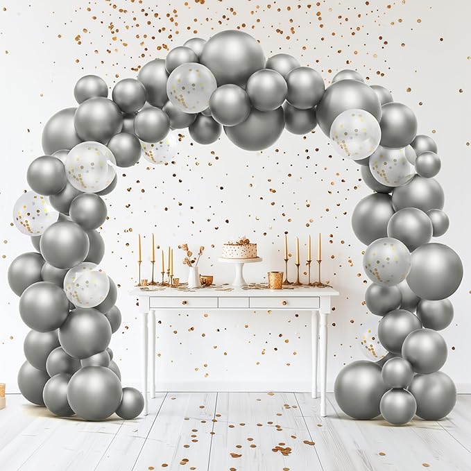 JOYIN 150 Pcs Metallic Silver Balloons, Different Sizes 18 12 10 5 Inch Silver Latex Balloon Arch Kit with Instruction for Birthday Party Graduation Wedding Holiday Decoration
