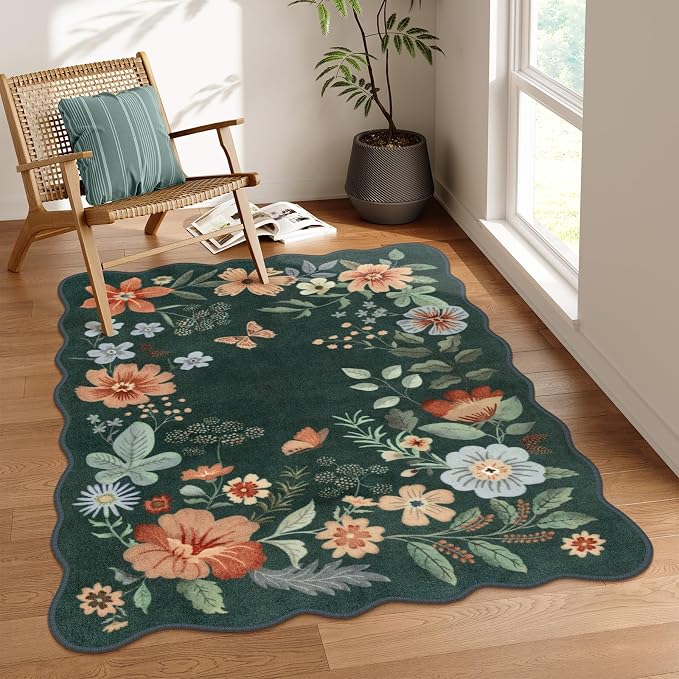 Lahome Floral Washable Rug- 4x6ft Green Bedroom Girls Ultra-Thin Soft Living