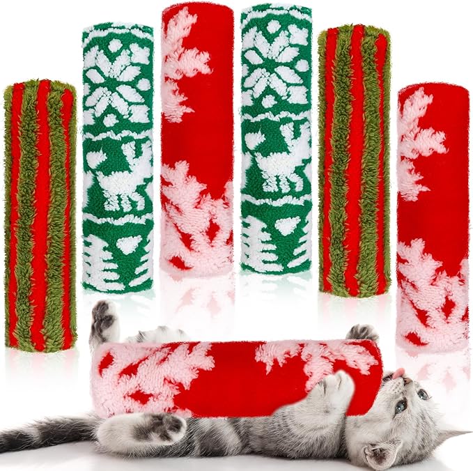 Civaner 6 Pcs Christmas Cat Catnip Toy for Indoor Cat 10.6 Inch Kitten Kicker Stick Catnip Toy with Crinkle Sound Soft Plush Kitten Pillow for Chew Exercise Gift (Red, Green, Red Green Stripes)