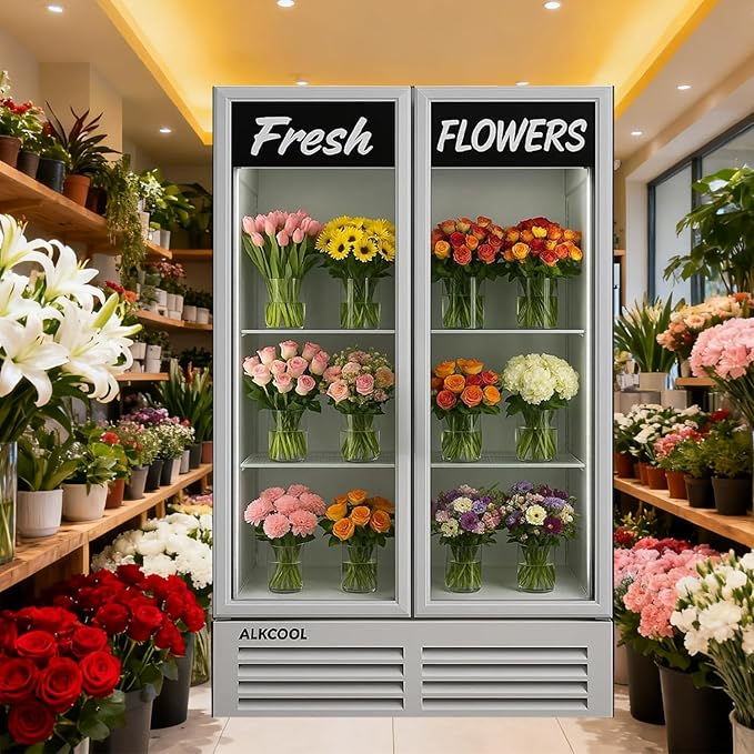 Commercial Flower Refrigerator Floral Display Cooler,White 2 Glass Doors Fridge With LED Light Adjustable Shelves,ETLSanitation Approval,40" Wide, Adjustable Shelves & Wheels Included