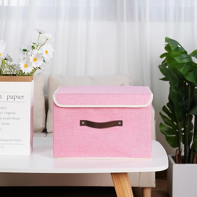 ANMINY Storage Bin with Lid Storage Boxes with PU Leather Handles PP Plastic Board Decorative Foldable Lidded Cotton Linen Fabric Home Cubes Baskets Closet Organizer Container - Pink, Large Size