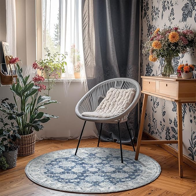 jinchan Round Rug 4ft Area Rug - Indoor Vintage Hallway Circle 4' Washable - Ultra-Thin Low Pile Soft Small Non Slip Distressed Floral Print for Living Room Dining Room Bedroom Entryway Dark Blue