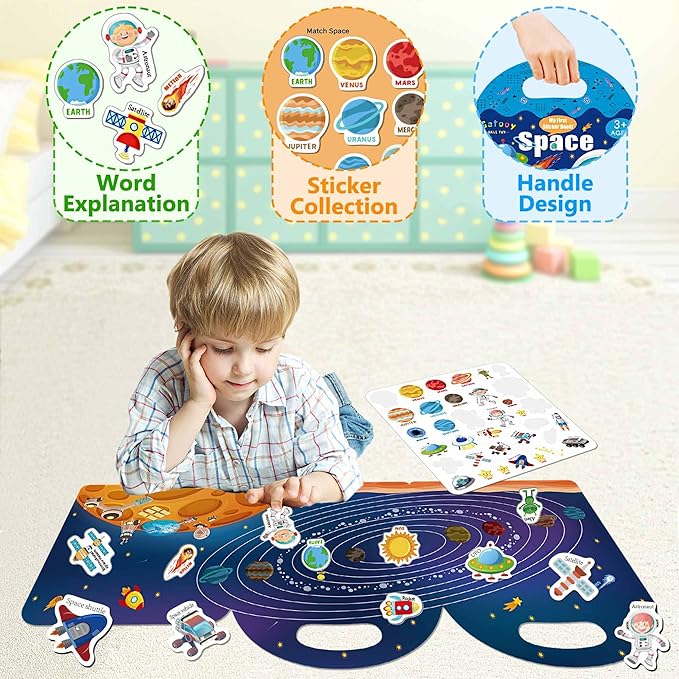 Reusable Sticker Books for Kids, Jelly Quiet Book, Preschool Learning Activities Busy Book for Toddler Travel Toys Waterproof Stickers for Kids 2 3 4 5 6 Year Old Girls Boys (Space)