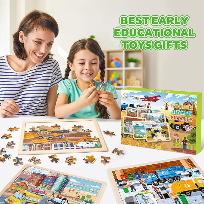 Puzzles for Kids Ages 4-6, 6 Packs 60 Pcs Wooden Jigsaw Puzzles for Kids Ages 6-8, Preschool Educational Vehicle Toys Gifts for 3 4 5 6 7 8 Boys Girls