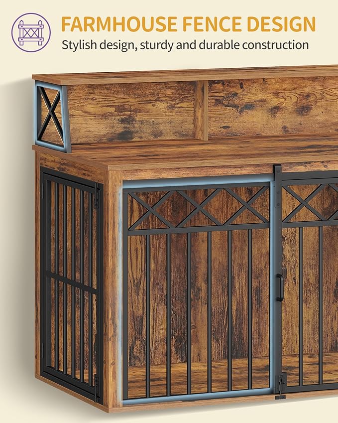39.4'' Dog Crate Furniture, Large Wooden Dog Crate with Storage and 3 Doors, Indoor Kennel for Medium/Large Dogs, End Table with Barn Door, Chew-Proof and Escape-Proof, Rustic Brown DFC87401B