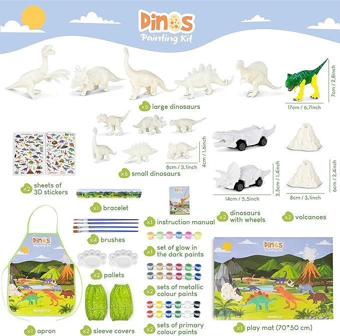 BONNYCO Dinosaur Toys for Kids Painting Kit 16 Figurines Kids Crafts Kits with Glow in The Dark Toys & Gifts for Boys 3 4 5 6 7 8 9 10 Years Old | Dinosaur Gifts Arts and Crafts Birthday Christmas