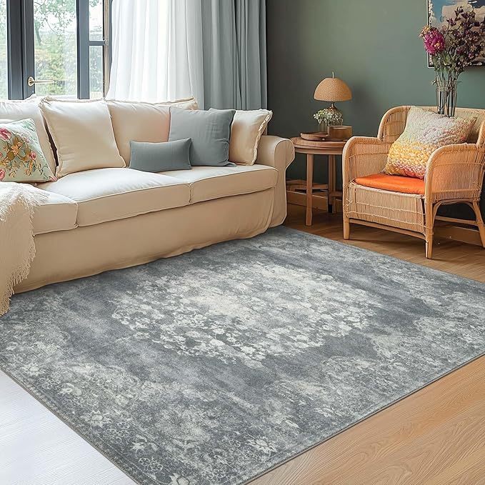 jinchan Vintage Floral 5x7 Area Rugs - Machine Washable Distressed Design Soft Ultra-Thin Low-Pile Non-Slip Carpet for Kitchen Bedroom Nursery Living Room Dining Room Home Office (5x7ft,Grey)