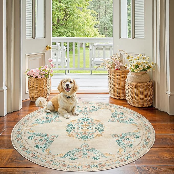 jinchan Round Rug 5ft Area Rugs Vintage Floral Distressed Design,Machine Washable Soft Non-Slip Low-Pile Ultra-Thin Circle Rug for Entryway Living Room Dining Room Bedroom (5' Round,Apricot Multi)