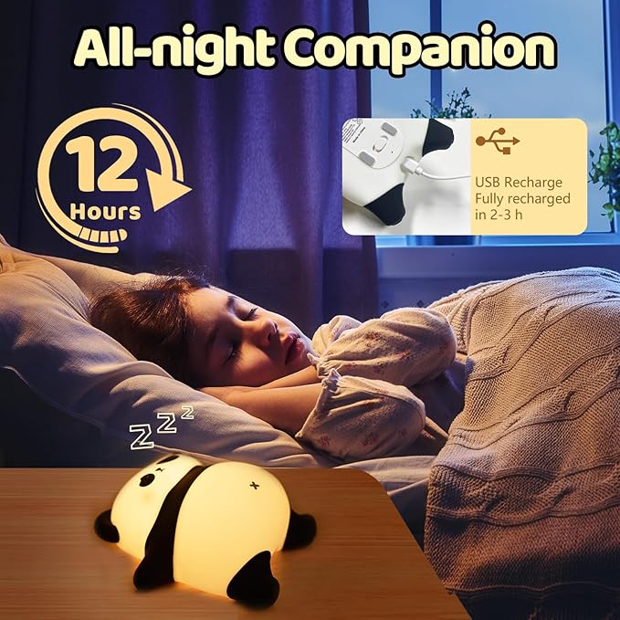 Rechargeable Cute Panda Night Light, 3 Level Dimmable Nursery Nightlight with Timer, Silicone Light Cute Animal Night Lamp for Breastfeeding Toddler Baby Kids Decor, Squishy Lamps Girls Panda Gifts