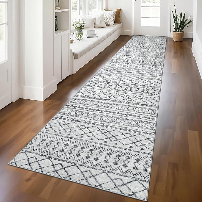 KUTA Hallway Runner Rug 2.6x12 Non-Slip Washable, Moroccan Vintage Beige Boho