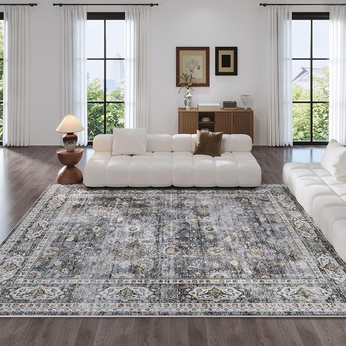 Rugcomf 9x12 Rug Washable Boho Soft Large Area Rug Non-Slip Faux Wool Vintage