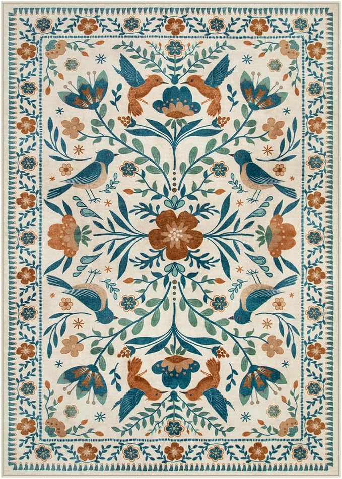 Moynesa Washable 3x5 Rug, Non Slip Kitchen Rugs Boho Bird Small Beige Living Room Area Carpet for Office Bedroom Bathroom, Indoor, Ultra Thin, Soft, Stain Resistant, Floral Entryway Mat