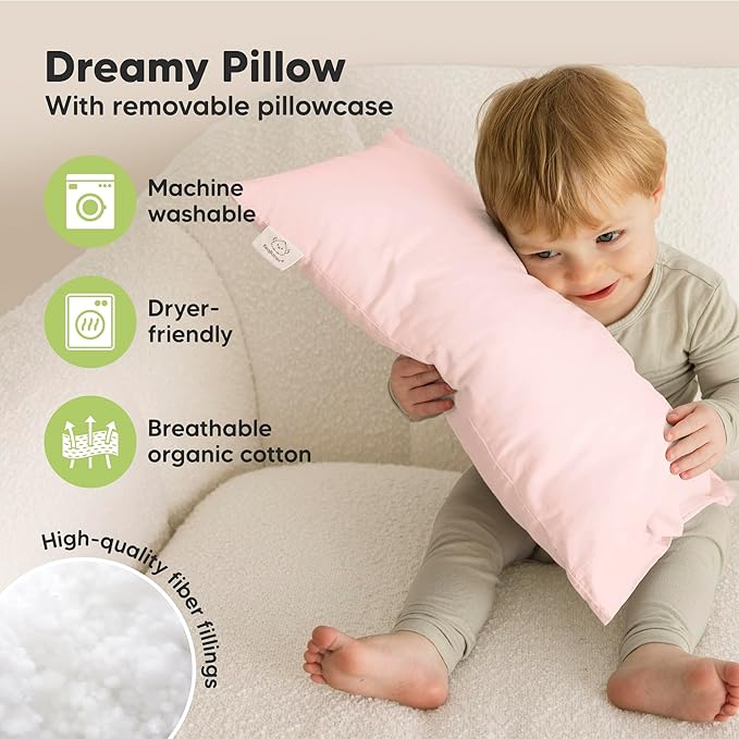 Toddler Pillow with Pillowcase - 10x18 My Little Dreamy Kids Travel Bed Pillows for Sleeping, Organic Cotton Small Pillowcase, Soft & Breathable, Machine Washable, Toddlers 2-5 Years Old (Mist Pink)