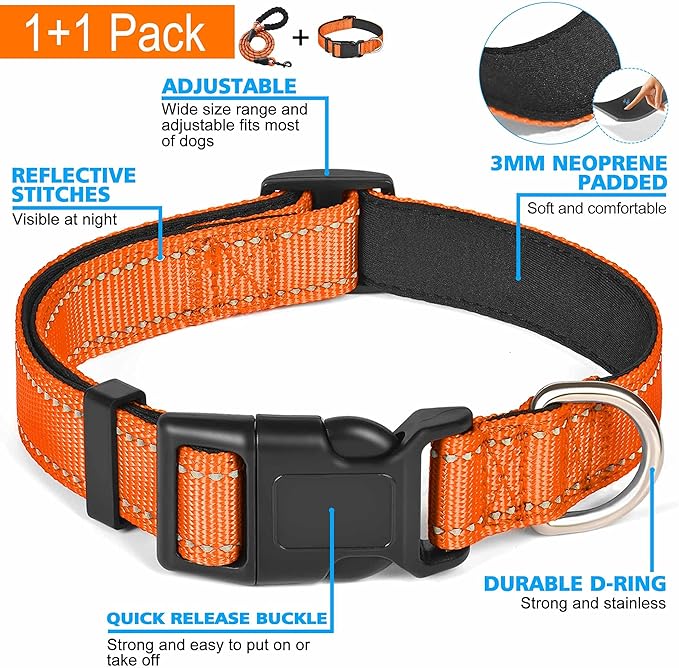 Reflective Dog Collar Padded with Soft Neoprene Breathable Adjustable Nylon Dog Collars for Small Medium Large Dogs (Medium (Pack of 1), Orange Collar+Leash)