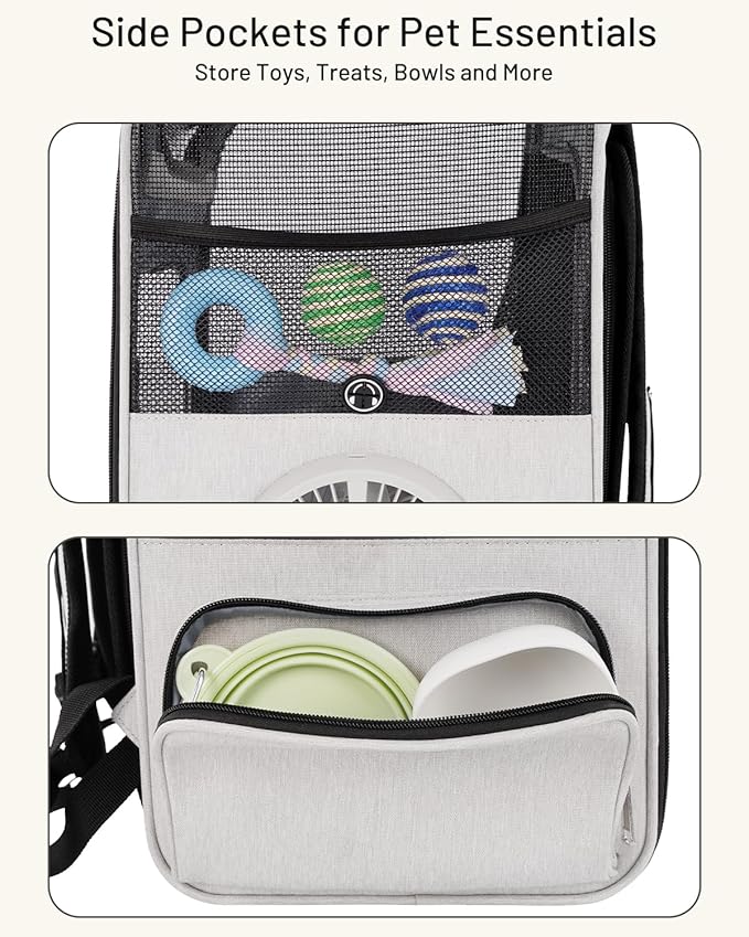 Cat Backpack Carrier with Built-in Cooling Fan & Heating Pad, Expandable Pet Backpack for Cats and Small Dogs up to 16 lbs, Ventilated Travel Carrier for Hiking, Walking & Outdoor, Grey