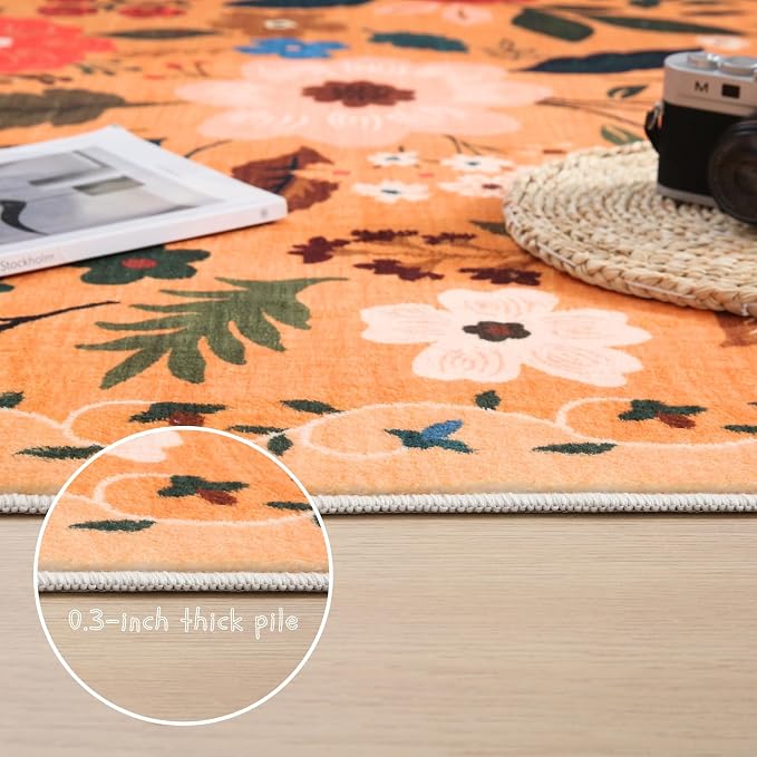 Rugcomf Area Rug 4x6 Rug Washable Boho Rugs Non Slip Low Pile Floral Small