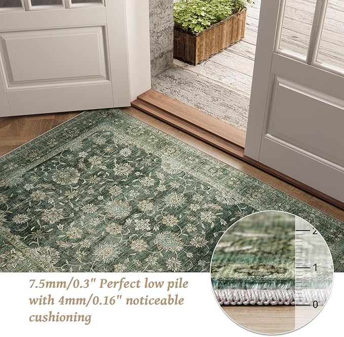 Washable 3x5 Entryway Rug Indoor, Boho Non-Slip Silicone Backing Small Rugs for Kitchen Nursery Office Bedroom, 0.3" Neutral Oriental Throw Carpet with 0.16" Cushioning Pad, Sage Green/Multi