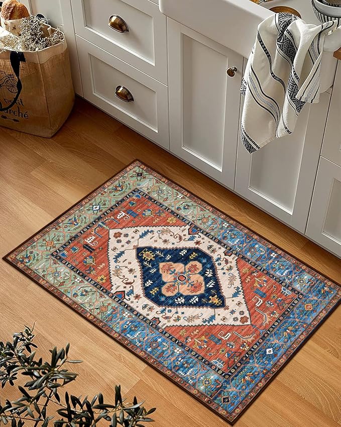 Lahome Boho 2x3 Washable Kitchen Rugs, Throw Non-Slip Backing Small Door Rug for Entryway Low-Profile Inside Door Mats, Oriental Indoor Doormat Carpet for Entrance Bathroom Laundry Living Room, Rust